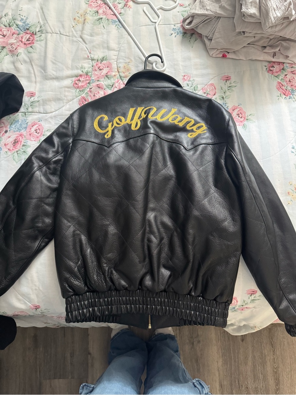 Golf Wang Black Leather bomber Jacket with embroidery